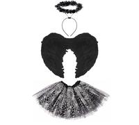 Lizzy Kids Girls Black Dark Angel Costume | 3pc Set with Feather Wings, Halo & Spider Web Tutu Skirt | Girls Halloween Devil Fancy Dress Outfit for Carnival, Cosplay & Party Events