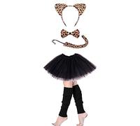 Lizzy Ladies Animal Costume (Ear Bow Tail Set + Tutu + Leg Warmer) Halloween Book Week Party Fancy Dress Outfit Skirt Accessories Kit (Leopard Set + Plain Black Tutu + L/W)