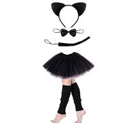 Lizzy ladies Animal Costume (Ear Bow Tail Set + Tutu + Leg Warmer) Halloween Book Week Party Fancy Dress Outfit Skirt Accessories Kit (Black Cat Ear Set + Plain Black Tutu + L/W)
