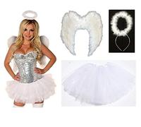 Lizzy Ladies ANIMAL FANCY DRESS TUTU with EARS BOW TAIL SET for Halloween, Hen Party Fancy Outfit Tutu Skirt Full Set Plain (Wings + Halo + Tutu) White