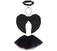 Lizzy Ladies ANIMAL FANCY DRESS TUTU with EARS BOW TAIL SET for Halloween, Hen Party Fancy Outfit Tutu Skirt (Dark Angel Wings Halo Tutu Costume - Black)