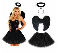 Lizzy Ladies ANIMAL FANCY DRESS TUTU with EARS BOW TAIL SET for Halloween, Hen Party Fancy Outfit Tutu Skirt Full Set Plain (Wings + Halo + Tutu) Black