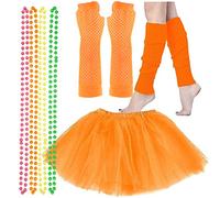 Lizzy® Ladies Neon Fancy Dress Costumes 80s Hen Party Full Set | Tutu Skirt Leg Warmer Long Fishnet Gloves with 4 Neon Colour Necklaces Beads | One Size Fits All (Orange)