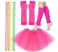 Lizzy® Ladies Neon Fancy Dress Costumes 80s Hen Party Full Set | Tutu Skirt Leg Warmer Long Fishnet Gloves with 4 Neon Colour Necklaces Beads | One Size Fits All (Pink)