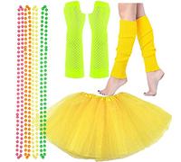 Lizzy® Ladies Neon Fancy Dress Costumes 80s Hen Party Full Set | Tutu Skirt Leg Warmer Long Fishnet Gloves with 4 Neon Colour Necklaces Beads | One Size Fits All (Yellow)