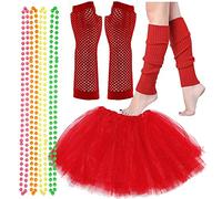 Lizzy® Ladies Neon Fancy Dress Costumes 80s Hen Party Full Set | Tutu Skirt Leg Warmer Long Fishnet Gloves with 4 Neon Colour Necklaces Beads | One Size Fits All (Red)