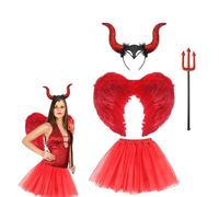 Lizzy Ladies Red Devil Costume | Red Witch Horns Headband, Tutu Skirt, Glitter Trident, Feather Wings Halloween Adult Womens Older GirlsFancy Dress Costume Accessory