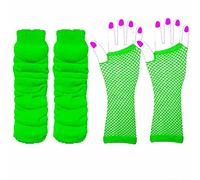 Lizzy | Leg Warmers & Fishnet Gloves Set | One Size, Neon Green, 40cm Leg Warmers, 28cm Gloves, Net Material | 80s Fancy Dress, Dance, Hen Party Accessory
