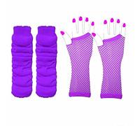 Lizzy | Leg Warmers & Fishnet Gloves Set | One Size, Purple, Neon Net Material | 40cm Leg Warmers, 28cm Gloves, 80s Fancy Dress Accessory | For Party, Dance, Costume Events