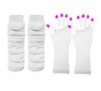 Lizzy Leg Warmers & Fishnet Gloves Set Rainbow Florescent Stripe | 80s Neon Teen Fancy Dress Dance ware Hen Party Tutu Accessory | One Size (White)