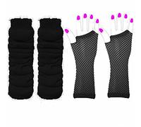 Lizzy Leg Warmers & Fishnet Gloves Set Rainbow Florescent Stripe | 80s Neon Teen Fancy Dress Dance ware Hen Party Tutu Accessory | One Size (Black)