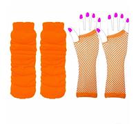 Lizzy Leg Warmers & Fishnet Gloves Set Rainbow Florescent Stripe | 80s Neon Teen Fancy Dress Dance ware Hen Party Tutu Accessory | One Size (Neon Orange)