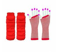 Lizzy Leg Warmers & Fishnet Gloves Set Rainbow Florescent Stripe | 80s Neon Teen Fancy Dress Dance ware Hen Party Tutu Accessory | One Size (Red)
