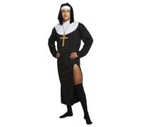 Lizzy Male Nun Costume with Monk cross | Black Robe + Head piece(Veil) Halloween Adult Fancy dress Accessory Religious Novelty Cosplay Props Hen Stag Party Outfit