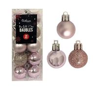 Lizzy | Mini Christmas Baubles, 2.5cm, Rose Gold, Pack of 20 | Shiny, Matte & Glitter Finish, Round Shape, Hook Included | Christmas Tree Decorations, Reusable Ornaments