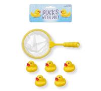 Lizzy Mini Rubber Ducks with Fishing Net Bath Toy Set 6 Piece Bath Time Game Includes 5 Yellow Floating Ducks and 1 Catching Net for Bathtub Paddling Pool Water Play
