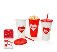 Lizzy Movie Night At Home Kit | 2 x Cups with a Resuable straw & 1 x Popcorn holder for a Romantic Date Night in front of the TV | Gift for him or her during Valentine's Day Reused for date Nights (2)