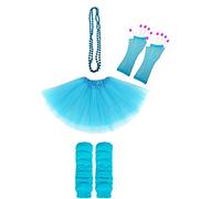 Lizzy Neon Colour Leg Warmers + Fishnet Gloves + 3Layer Tutu + Beads Necklace | 80s Neon Teen Fancy Dress Dance ware Hen Party Tutu Accessory (Light Blue, Ladies)