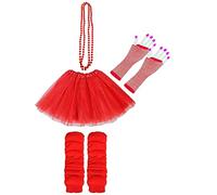Lizzy Neon Colour Leg Warmers + Fishnet Gloves + 3Layer Tutu + Beads Necklace | 80s Neon Teen Fancy Dress Dance ware Hen Party Tutu Accessory (Red, Older Girls)