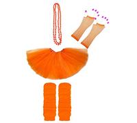 Lizzy Neon Colour Leg Warmers + Fishnet Gloves + 3Layer Tutu + Beads Necklace | 80s Neon Teen Fancy Dress Dance ware Hen Party Tutu Accessory (Neon Orange, Older Girls)