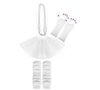 Lizzy Neon Colour Leg Warmers + Fishnet Gloves + 3Layer Tutu + Beads Necklace | 80s Neon Teen Fancy Dress Dance ware Hen Party Tutu Accessory (White, Ladies)