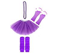 Lizzy Neon Colour Leg Warmers + Fishnet Gloves + 3Layer Tutu + Beads Necklace | 80s Neon Teen Fancy Dress Dance ware Hen Party Tutu Accessory (Purple, Older Girls)