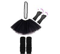 Lizzy Neon Colour Leg Warmers + Fishnet Gloves + 3Layer Tutu + Beads Necklace | 80s Neon Teen Fancy Dress Dance ware Hen Party Tutu Accessory (Black, Older Girls)