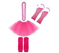 Lizzy Neon Colour Leg Warmers + Fishnet Gloves + 3Layer Tutu + Beads Necklace | 80s Neon Teen Fancy Dress Dance ware Hen Party Tutu Accessory (Neon Pink, Older Girls)