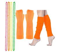 Lizzy® Neon Leg Warmerm and Fishnet Gloves Set with Pack of 4 Neon Necklaces | 80s Neon Fancy Dress Hen Party Tutu Accessory UK | One Size (Orange)