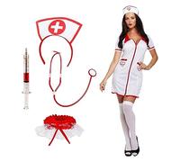 Lizzy | Nurse Costume Set, 4-Piece | White, Includes Dress, Headband, Toy Stethoscope, Pen Syringe, Garter Belt | For Fancy Dress Parties, Cosplay, Role Play