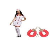 Lizzy Nurse Fancy Dress Costume with Handcuffs Naughty Hen Party Ladies Uniform Outfit (Nurse Outfit with Furry Pink Handcuff)