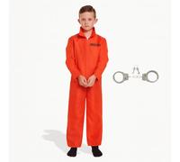 Lizzy Orange Prisoner Jumpsuit + Handcuffs Children’s overall Boiler Suit Convict Prison Inmate Fancy Dress halloween Costume Outfit girls &and boys accessory (Small 4-6)