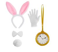 Lizzy Pink Rabbit Costume Set | Bunny Ears Headband, Bow Tie, Tail, White Gloves & Inflatable Clock | Kids & Adults Fancy Dress Outfit for Book Week, Halloween, Easter & Party Events