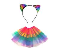 Lizzy | Rainbow Sequins Cat Ears Headband Tutu Fancy Dress Hen Party Costume LGBTQ Pride (Ra Ra Rainbow Tutu + Sequins Cat Ears Headband, Kids)