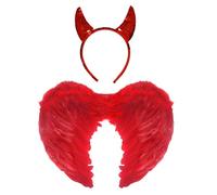 Lizzy Red Devil Angel Feather Wings with Sequin Devil Horns | Adults & Teens Halloween Fancy Dress Accessories | Dark Angel Carnival Cosplay, Party & Stage Performance Costume Set