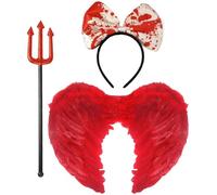Lizzy Red Feather Angel Wings with Blooded Bow Headband & Glitter Trident | Girls & Adults Halloween Fancy Dress Costume Accessories | Devil Angel Cosplay, Carnival & Party Set