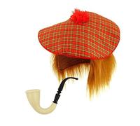 Lizzy Scottish Tam O'Shanter Wig Hat with Smoking Pipe Toy | Red Tartan Hair Cape plus Scottish Flag Tattoos | Fancy Dress Accessory Scotland Sport Supporter Cap