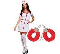 Lizzy Sexy Nurse Costume + Flurry Red Handcuffs | Adult Ladies Halloween Fancy dress Cosplay accessory Theme party |Carnival Cosplay Outfit (Nurse Outfit with Furry Red Handcuff)