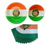 Lizzy St.Patrick Day Tricolore Party Tableware Set | Shamrock 6 Disposable Paper Plates, 06 Bowls,12 Napkins Dinner Set Saint Paddy's Day Theme Birthday Supplies Irish Party