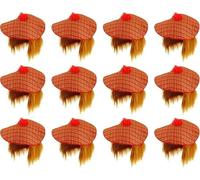 Lizzy Tam O'Shanter Hat Red Tartan, Attached Orange Hair, One Size Soft Material, Elastic Band, Includes Scottish Flag Tattoos For Scottish Events, Fancy Dress (12)