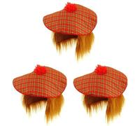 Lizzy Tam O'Shanter Hat Red Tartan, Attached Orange Hair, One Size Soft Material, Elastic Band, Includes Scottish Flag Tattoos For Scottish Events, Fancy Dress (3)