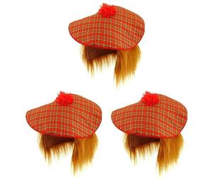 Lizzy Tam O'Shanter Hat Red Tartan, Attached Orange Hair, One Size Soft Material, Elastic Band, Includes Scottish Flag Tattoos For Scottish Events, Fancy Dress (3)
