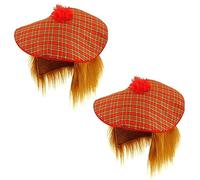 Lizzy | Tam O'Shanter Hat Set | 2 Pack, Red Tartan, One Size | Attached Orange Hair, Elastic Band, Includes Scottish Flag Tattoos | Fancy Dress Scotland Supporter Accessory