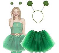 Lizzy | Women's St Patrick's Day Tutu Costume | 45cm Length, One Size, Green | 3 Layered Skirt, Glitter Clover Leaf Headbopper, Comfortable Fit | Irish Fancy Dress Accessory
