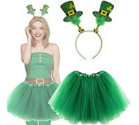 Lizzy | Women's St Patrick's Day Tutu Costume | One Size, Green, 3 Layered Skirt, Headbopper with Mini Hats & Fur | Irish Fancy Dress for Parades, Parties, Celebrations