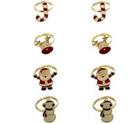 Lizzy Xmas Rings Set | Gold, Metal, One Size Adjustable | 4 Festive Character Designs, Solid Pattern | for Christmas Party Favours, Stocking Fillers, Secret Santa