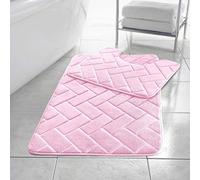 LJ Blocks Embossed Memory Foam 2 Pieces Bath Mat and Pedestal Mat Sets Anti Slip Extra Absorbent Regular Size Super Soft Bathroom Rugs (Pink)