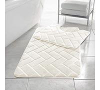 LJ Blocks Embossed Memory Foam 2 Pieces Bath Mat and Pedestal Mat Sets Anti Slip Extra Absorbent Regular Size Super Soft Bathroom Rugs (Cream)