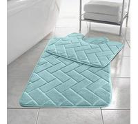 LJ Blocks Embossed Memory Foam 2 Pieces Bath Mat and Pedestal Mat Sets Anti Slip Extra Absorbent Regular Size Super Soft Bathroom Rugs (Aqua)