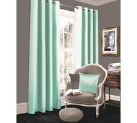 LJ Luxury Faux Silk Curtains Eyelet Top Fully Lined Ring Top Curtain Pairs With Two Tie Backs (Duck Egg, 66" wide x 54" drop)